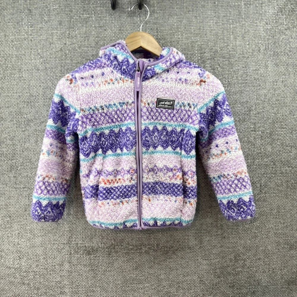 EDDIE BAUER Quest Fleece Plush Sherpa Hooded‎ Jacket Girls Size XS (5/6) Multi